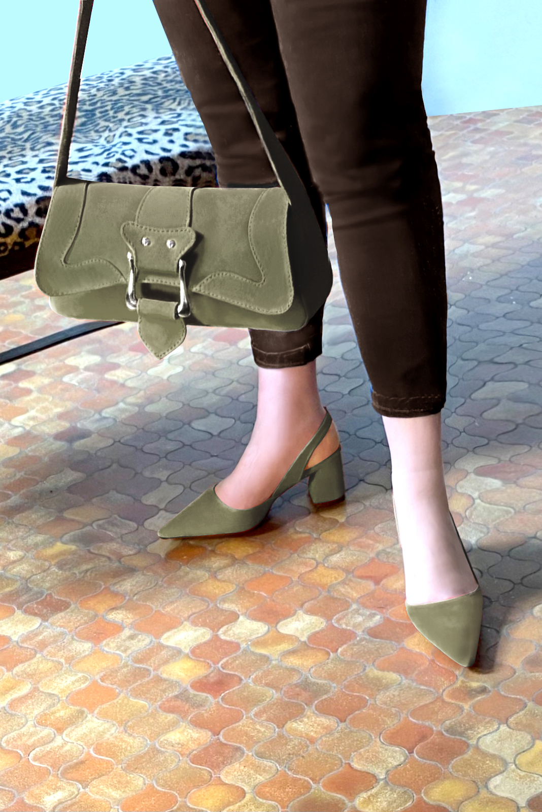 Khaki green women's slingback shoes. Pointed toe. Medium flare heels. Top view - Florence KOOIJMAN